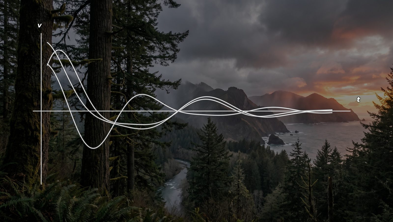 Stylized chart of white volatility lines oscillating and flattening toward a horizontal time axis, overlaid on a dusky forested Pacific coastline under storm clouds