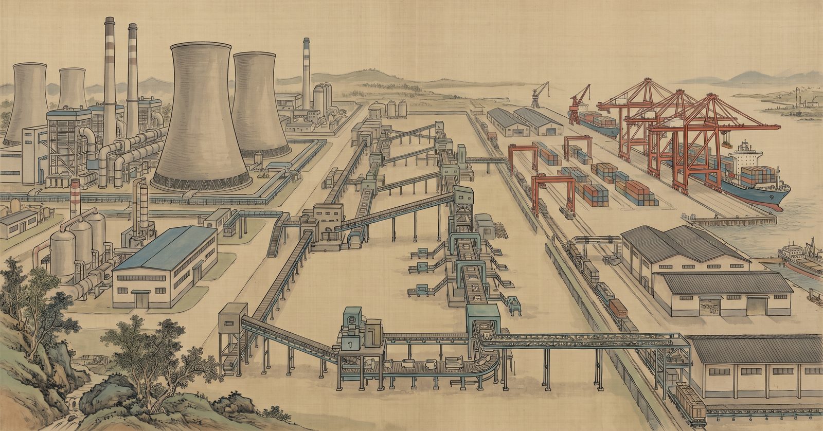 Chinese industrial landscape in the style of a classical silk scroll painting: cooling towers, factory buildings, and conveyor lines stretching toward a container port where red gantry cranes load ships