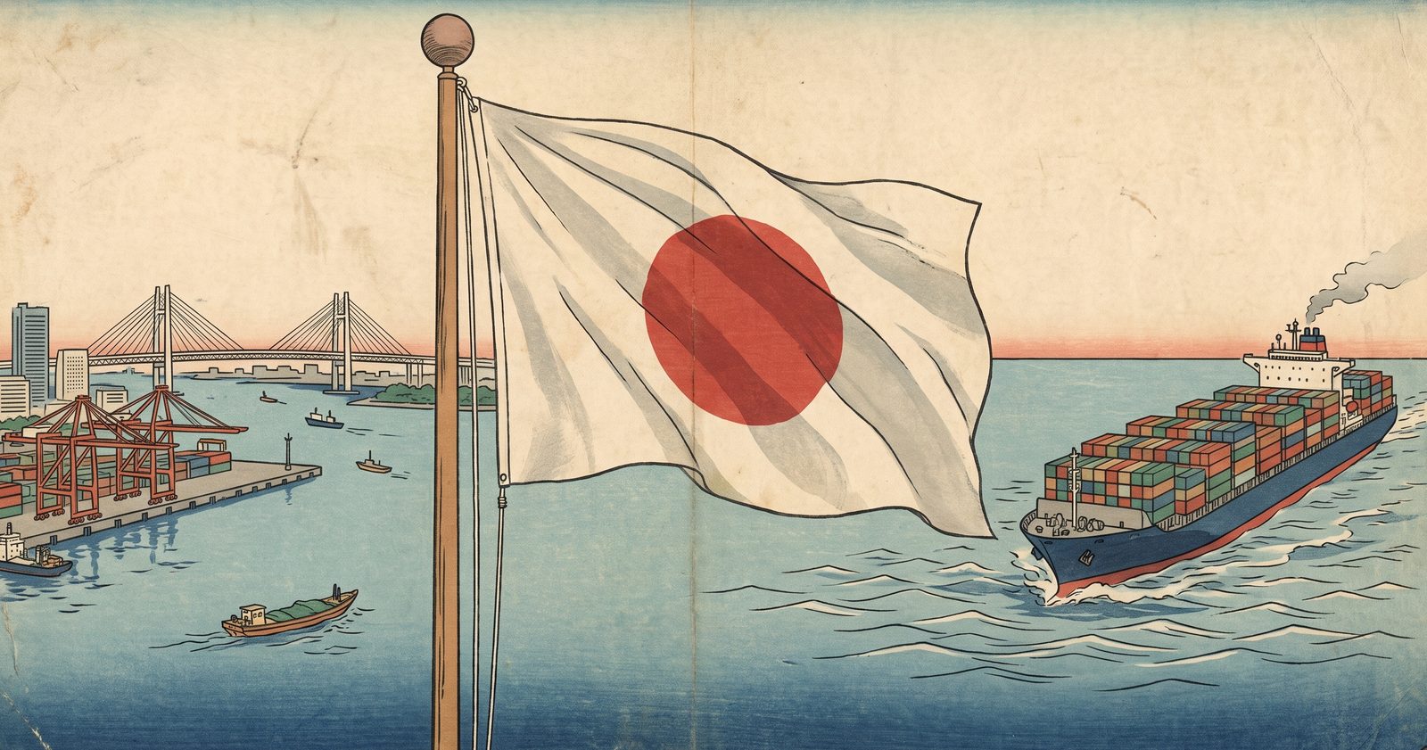 Ukiyo-e style illustration of the Japanese flag flying over a busy harbor, with a loaded container ship, port cranes, small boats, a suspension bridge, and a city skyline at sunrise